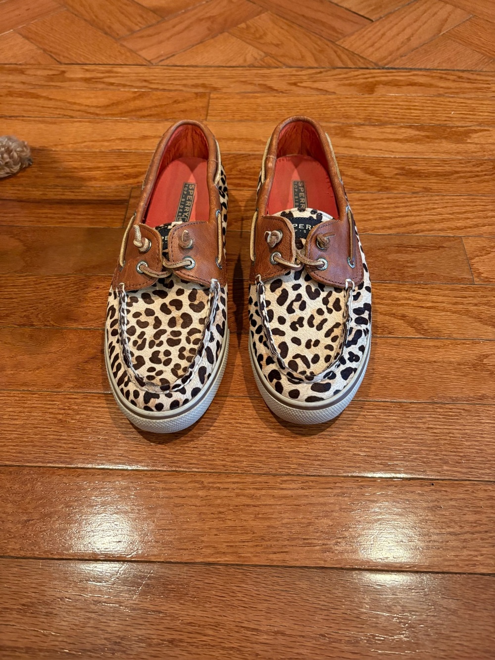 Sperry Leopard Print Boat Shoes with Brown Leather & Red Interior